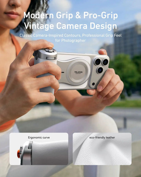 Person holding Magnetic Imaging Master Grip Boss Level Phone Camera Grip with 3200mAh Battery in ergonomic DSLR style.