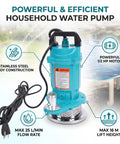Rock Solid Half Horsepower Submersible Pump Forged From Durable Stainless Steel Featuring A Silently Running Motor And Standard Us Plug For Easy Home Projects, showing pump with 1/2 HP motor.