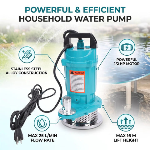Rock Solid Half Horsepower Submersible Pump Forged From Durable Stainless Steel Featuring A Silently Running Motor And Standard Us Plug For Easy Home Projects, showing pump with 1/2 HP motor.