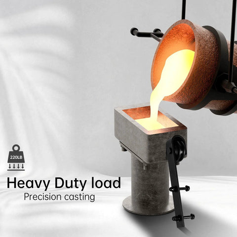 Molten metal pouring from crucible into mold with heavy duty load capacity and precision casting text.