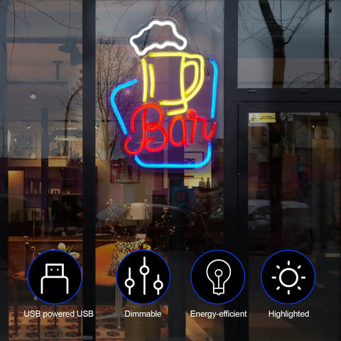 Neon Bar Sign For Home Bar With Adjustable Brightness LED Beer Sign USB Powered Wall Decor for Parties and Hangouts in window