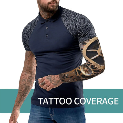 Lock In Your Cool Vibe With These Dope Steampunk Mechanical Gears Arm Sleeves delivering sun protection on a man in a short-sleeve shirt.