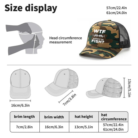 Humor Trucker Hat Set In Camouflage With Distressed Low Profile Design featuring size display and measurements