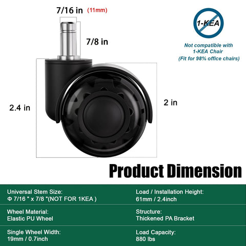 2 Inch Dual Wheel Office Chair Caster Wheels Replacement PU For Carpet And Hardwood Floors Universal Stem Heavy Duty Quiet Smooth Roll Fits Most Chairs Up To 880lb Per Chair 5CasterSet, showing product dimensions and materials