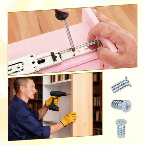 Shop Grade 50 Pack Zinc Plated Drawer Rail Screws Compatible With Ikea 100349 Cabinet Replacement Hardware in use for assembly.