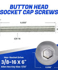 Badass Button Head Socket Cap Screws, 3/8 16 X 6 Inch, Full Thread 18 8 Stainless Steel Hex Bolts, Corrosion Resistant Hardware.