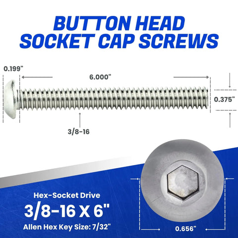 Badass Button Head Socket Cap Screws, 3/8 16 X 6 Inch, Full Thread 18 8 Stainless Steel Hex Bolts, Corrosion Resistant Hardware.