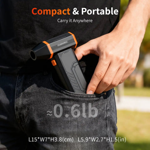 Beast Mode Power Cordless Air Duster With 110000RPM Brushless Motor being held in a pocket, demonstrating compact size and portability.
