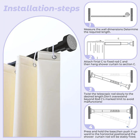 Installation guide for Heavy Duty Adjustable Tension Shower Curtain Rod In Matte Black No Drilling Easy Install Fits 18 To 49 Inches
