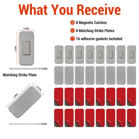 8 Pack Magnetic Cabinet Door Catch Set With Slim Stainless Steel Design Adhesive Mounting for Cabinets Drawers Closets