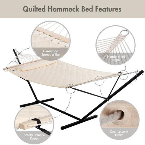 Outdoor Hammock With 12 Foot Heavy Duty Steel Stand For Two People Stand Included 450 Lbs Weight Capacity Cream Color Built To Last