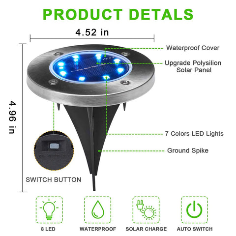Solar Ground Lights 8 Pack Multicolor LED Pathway Lights For Outdoor Garden And Lawn, product diagram with dimensions and features