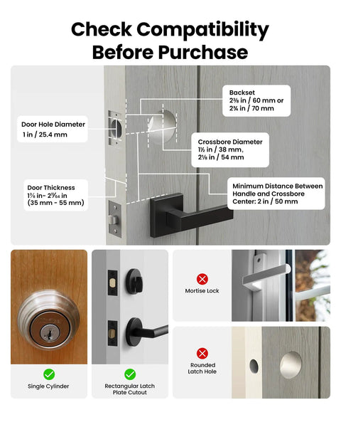 Diagram showing door compatibility requirements for Palm Vein Smart Lock With Built In Wi Fi And Matter No Hub Needed, Keyless Entry Deadbolt, Five Unlock Methods, ANSI Grade 3 Security, Seven Month Rechargeable Battery, IP53 Waterproof, Fast Palm Recognition For Wet Or Dry Hands.