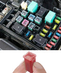 Heavy Duty Straight Up Automotive Fuse Assortment Kit Featuring 1221 Pieces Mini Standard Tall Blade Fuses, showing installed fuses and a hand holding a fuse.