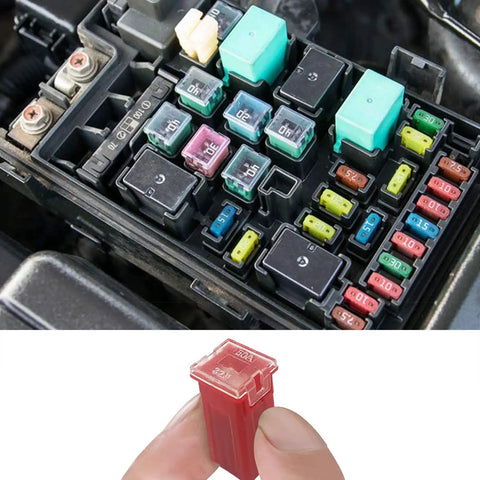 Heavy Duty Straight Up Automotive Fuse Assortment Kit Featuring 1221 Pieces Mini Standard Tall Blade Fuses, showing installed fuses and a hand holding a fuse.