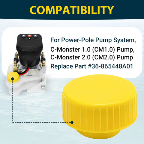 Heavy Duty Pump Reservoir Cap For Power Pole Hydraulic Pumps And Mercury Trim Systems against a blue water background, yellow, durable material.