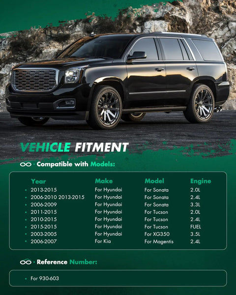 Vehicle fitment chart for Front Wheel Hub Bearing For Hyundai Sonata Tucson XG350 And Kia Magentis Optima Rondo Sportage 2003 To 2015 930603 1PC Fits Front Left Or Front Right Side Premium Quality Replacement.