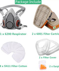 Package contents of Lightweight Reusable Half Face Respirator With Replaceable Filters For Dust Organic Vapors Gas And Paint Fumes