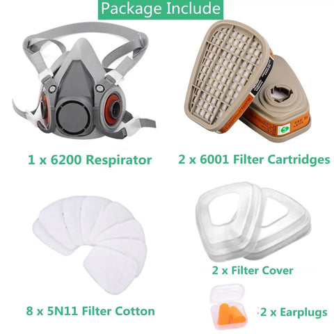 Package contents of Lightweight Reusable Half Face Respirator With Replaceable Filters For Dust Organic Vapors Gas And Paint Fumes