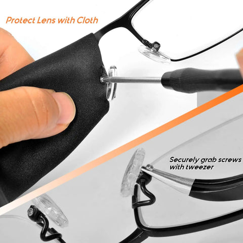 All In One Eyeglasses Nose Pads Replacement Kit With 5 Pairs Air Chamber Silicone Nose Pads, screws, screwdriver, cloth