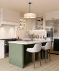 3 Light Drum Pendant Chandelier With Double Fabric Shade in sleek matte black finish over kitchen island