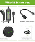 Level 2 Portable EV Charger 16A 240V With NEMA 6-20 Plug, 18 Ft Cable, LCD Screen, J1772 Compatible Electric Car Charging Station For Indoor And Outdoor Use, Road Trip Ready showing components inside the box including charger, NEMA adapter, portable bag, operating manual