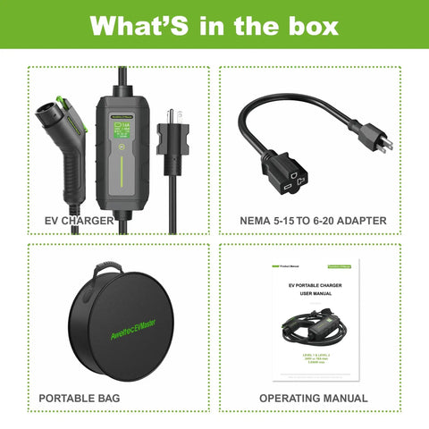 Level 2 Portable EV Charger 16A 240V With NEMA 6-20 Plug, 18 Ft Cable, LCD Screen, J1772 Compatible Electric Car Charging Station For Indoor And Outdoor Use, Road Trip Ready showing components inside the box including charger, NEMA adapter, portable bag, operating manual