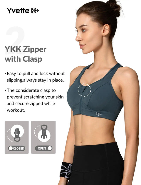 Side view of woman wearing Zip Front High Impact Sports Bra For Gals Plus Size XL Haze Blue Zero Bounce Lockdown.