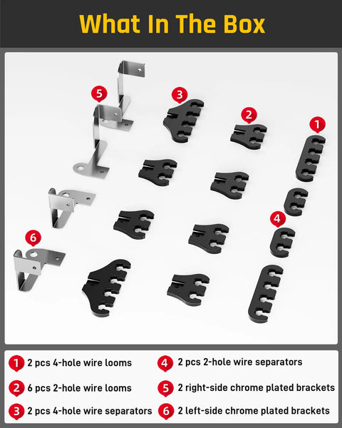 Spark Plug Wire Separator Kit With Chrome Plated Brackets For 8mm To 9mm Wires Includes 4 Hole Looms And 2 Hole Looms And Multiple Wire Separators