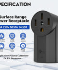 Heavy Duty Nema 14-50r Receptacle 50amp 125/250v 3 Pole 4 Wire Surface Mount Outlet UL Listed For Ev Chargers Rv Hookups Galvanized Steel No Sweat Install Badass Reliability Indoor Black showing details of its specifications.