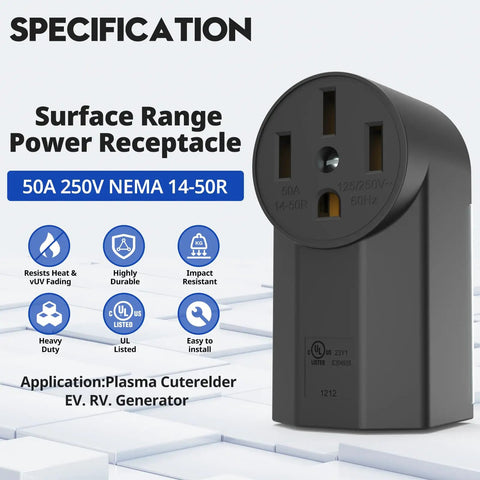Heavy Duty Nema 14-50r Receptacle 50amp 125/250v 3 Pole 4 Wire Surface Mount Outlet UL Listed For Ev Chargers Rv Hookups Galvanized Steel No Sweat Install Badass Reliability Indoor Black showing details of its specifications.