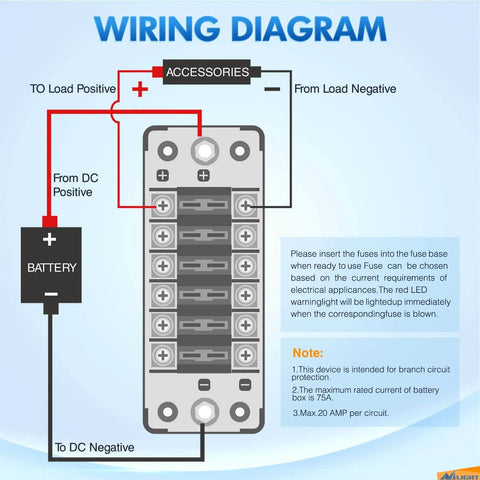 Wiring diagram for a Six Way Fuse Block With Negative Bus And 12V Blade Fuse Holder for auto electrical systems.