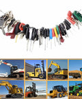 58 Piece Heavy Equipment Keys Set For Excavators, Loaders, Backhoes, Skid Steers, Dozers And More, shown with machinery