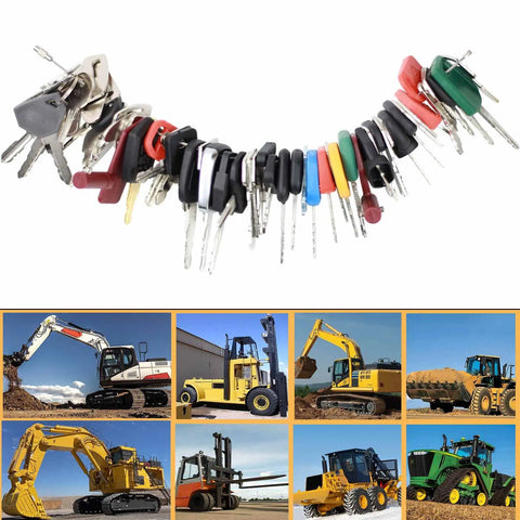 58 Piece Heavy Equipment Keys Set For Excavators, Loaders, Backhoes, Skid Steers, Dozers And More, shown with machinery