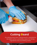 Hands using a knife on a sandwich at a Heavy Duty 48 Inch Sandwich And Salad Prep Table Refrigerator With Stainless Steel Chassis 13.4 Cubic Foot Storage Dual Open Counter Design.