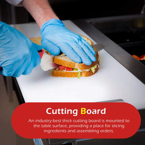 Hands using a knife on a sandwich at a Heavy Duty 48 Inch Sandwich And Salad Prep Table Refrigerator With Stainless Steel Chassis 13.4 Cubic Foot Storage Dual Open Counter Design.