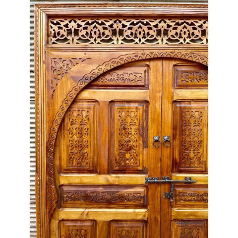 Hand Carved Barn Door Double Doors Brown Finish Custom Size Made To Order Sliding Or Hinged Interior Exterior Front Door Antique And Modern Style For Home Improvement And Rustic Vibe, detailed woodwork view