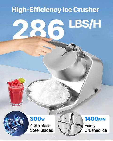 Workhorse Ice Shaver Machine For Home And Commercial Use, 286 Lbs Per Hour, 300W 2000RPM Stainless Steel 4 Blade Ice Crusher With Bowl