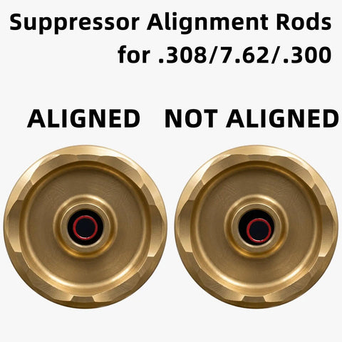 Carbon Fiber Suppressor Alignment Rod for .308, 7.62, and .300 Calibers, showing aligned and not aligned states
