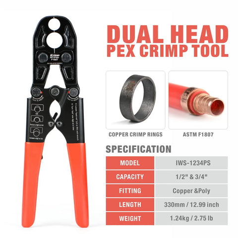 Beefy PEX Crimp Tool Kit For 1/2 Inch And 3/4 Inch Copper Ring Crimps Meets F1807 Standards 13 Inch Combo PEX Crimper