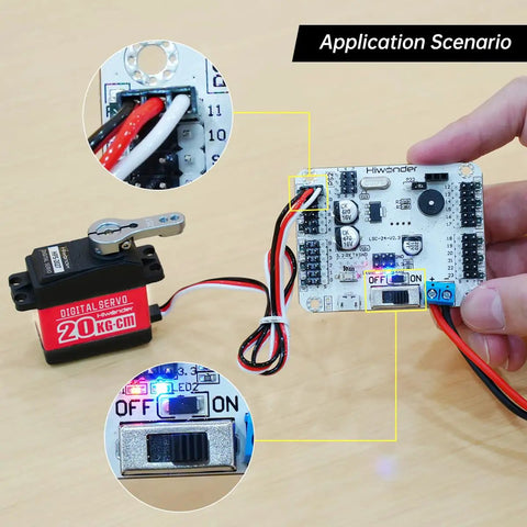 24 Channel Servo Motor Tester Board With USB PS2 Controller connected to digital servo, highlighting over-current protection feature.