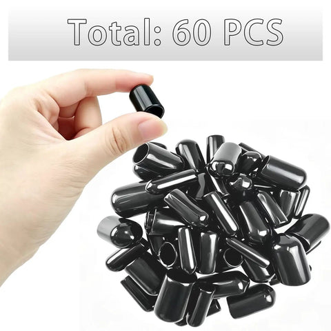 Hand holding one piece of Round Rubber End Cap Set with 60 Black Vinyl Protective Sleeves for Insulated End Caps for 1/8 to 1/2 Inch.