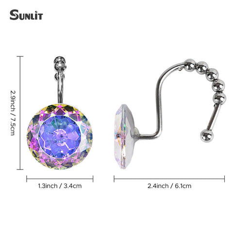 Dope Diamond Crystal Shower Curtain Hooks With Glide Balls Rainbow Color Rustproof Metal Mermaid Rings For Girls 12 Pack Easy Gliding Hardware That Prevents Snags, showing size dimensions.