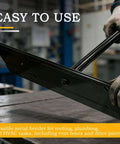 15.25 Inch Dual Side Hand Metal Bender in use on workbench, pro-grade for HVAC ductwork and roofing, showing 1 inch and 3/8 inch depth slots