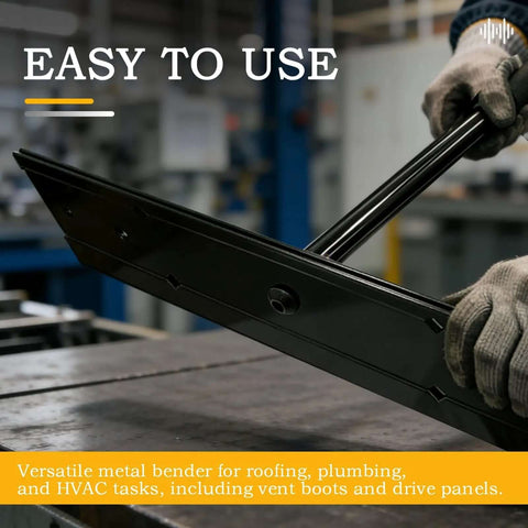 15.25 Inch Dual Side Hand Metal Bender in use on workbench, pro-grade for HVAC ductwork and roofing, showing 1 inch and 3/8 inch depth slots