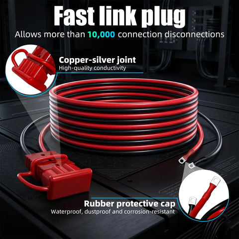 24 Foot 2 AWG Heavy Duty Winch Cable With Quick Disconnect For ATV UTV Truck And Trailer, Low Voltage Drop, Reliable Power For Off Road Recovery And Towing, 22Ft Plus 2Ft Configuration. Red and black 2 AWG winch cable coil with quick disconnect plug and terminal ends.