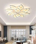 Living room with Flower Shaped Ceiling Light 35.4 Inch Dimmable Modern LED Ceiling Lamp With Remote Control For Living Room Kitchen And Dining White 12 Petals With Smooth Dimming And Energy Efficient LED Technology Dope Lighting Vibe, remote in hand