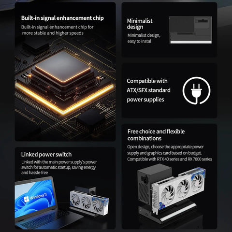 Close-up view of built-in signal enhancement chip in Plug And Play External Gpu Dock For Laptop Graphics Card Expansion PCIE Enclosure.