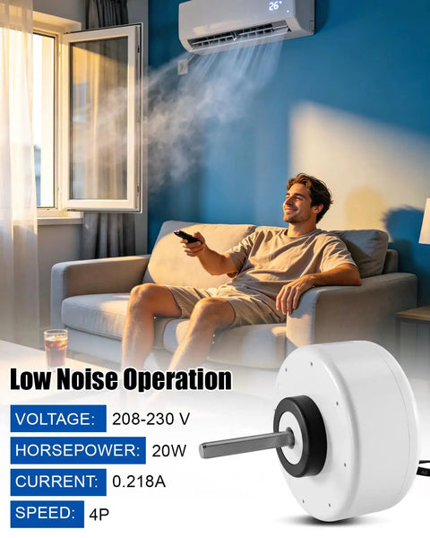 Beefed-Up Brushless DC Condenser Fan Motor For Midea Air Conditioners shown in a living room under air conditioner, 208-230V 60Hz 20W
