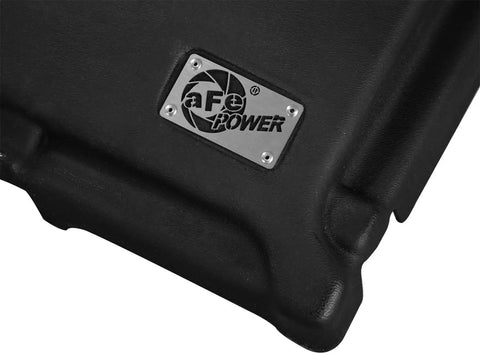 Close-up of aFe logo on Stealthy Black Vacuum Form ABS Intake System Cover For BMW 335i Xi E9x - No Cutting Or Drilling, Quick Install
